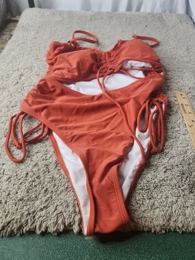 Women's Burnt Orange One Piece Swimsuit With Cut-out & Side Ties - Unknown - S